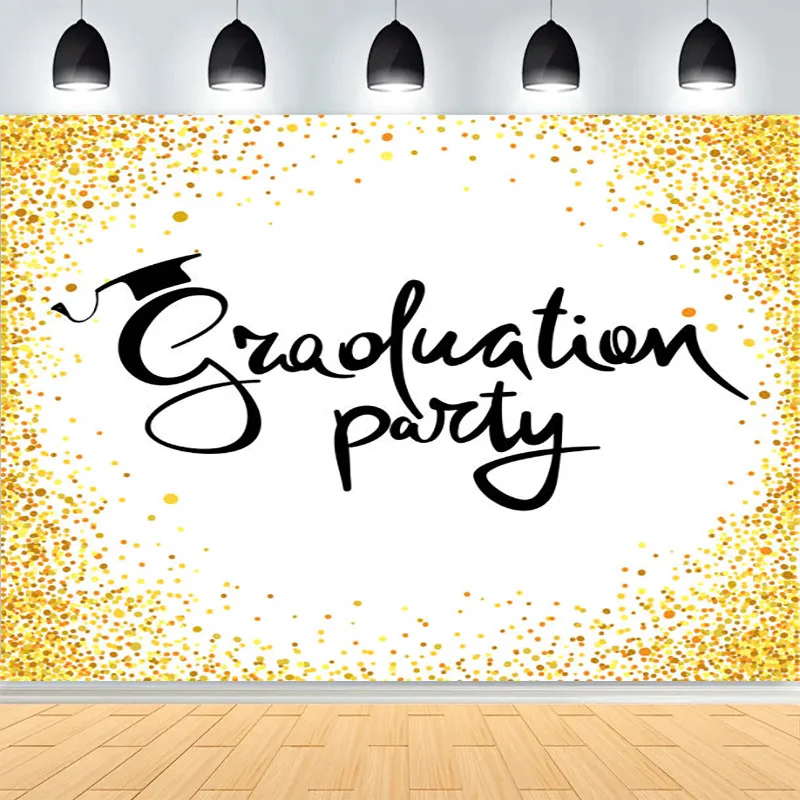

Black Gold Graduation Background Grad Ceremony Party Decorations Bachelor Hat Glitter Balloons Class Photography Backdrops JM-04