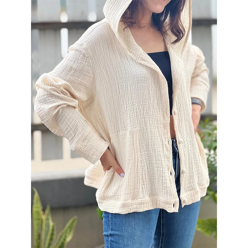 

Muslin 100% Cotton Gauze Women Hoodie Shirts 2024 New Autumn Long Sleeve Womens Tops Elegant Blouse Camisas De Mujer