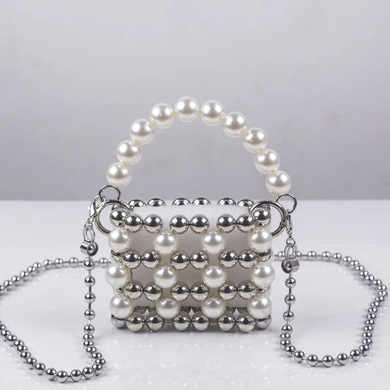 Women Evening Bags Pearl Silver Shoulder Pearl Clutch Bag Hand-made Pearl Bucket-type Handbag Chic Ladies Messenger Bags Bolso M