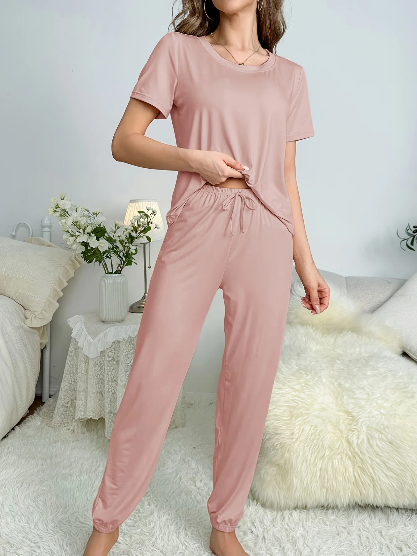 Women\'s new style pajamas short sleeve trousers elegant casual two-piece solid color home wear