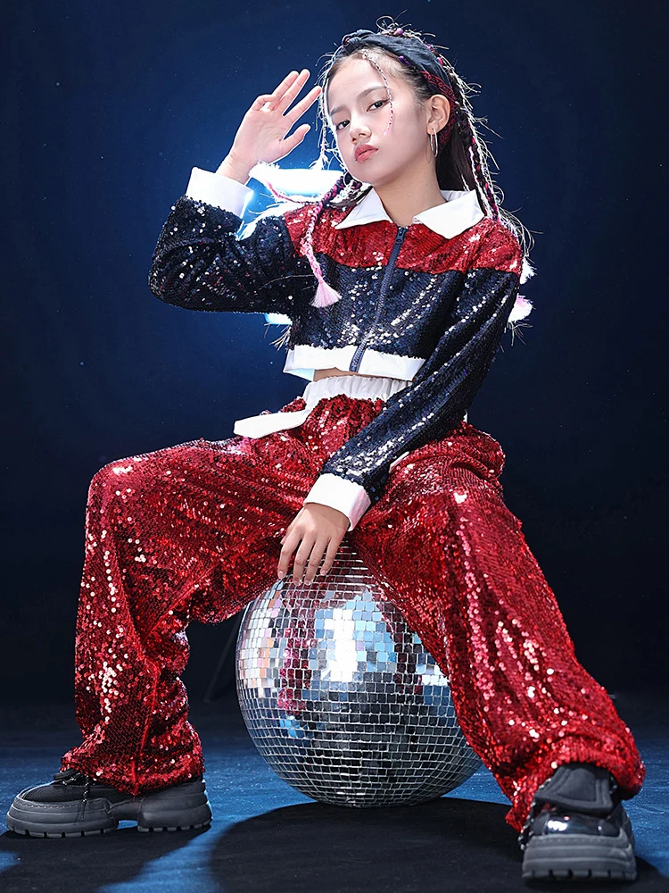 Tops Kids Hip Hop Clothing Kpop Modern Dance Clothes Stage Suit Girls Jazz Dance Performance Costume Red Sequin Pants Crop