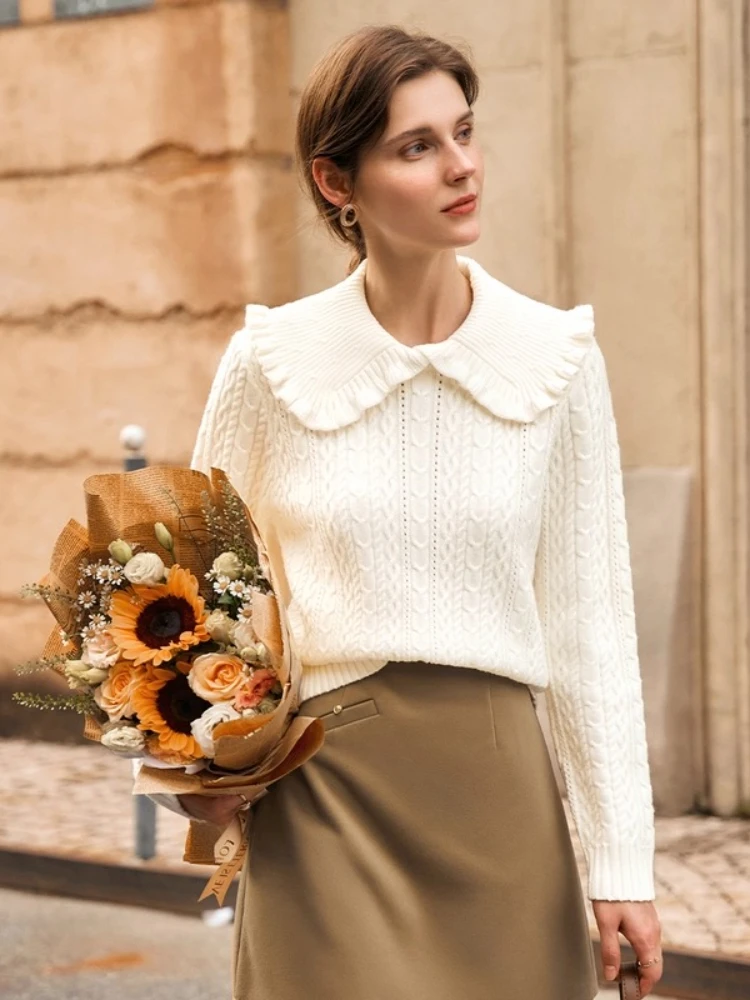 

OLrain женские вязаные свитера, однотонные пуловеры с воротником Питера Пэна, осень-зима 2022, новинка во французском стиле, повседневная женская одежда O56DM86606