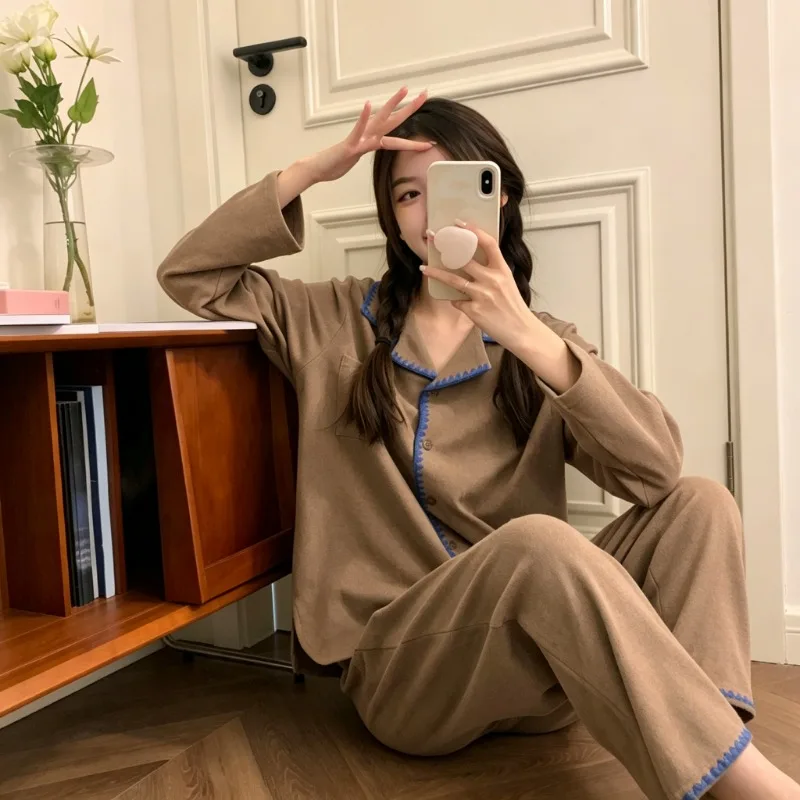 Korean Style Women Autumn Winter Pajama Set Long Sleeve Soft Cozy Casual Home Loungewear Sleep Suit For Ladies Wearable Outside