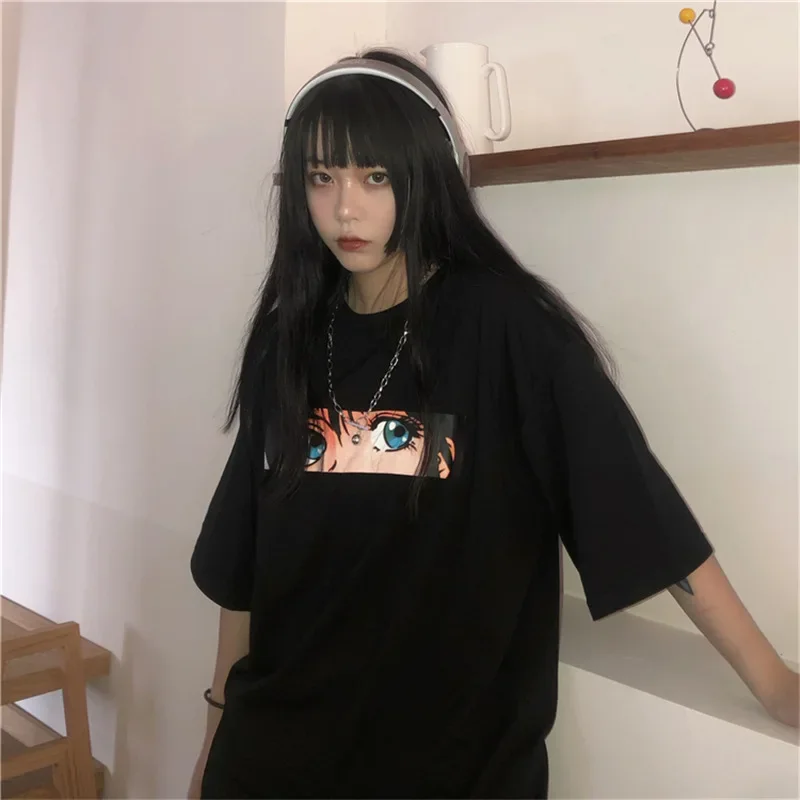 T-shirt à manches courtes pour femme, vêtement estival, ample et noir, Style Manga et dessin animé, Harajuku, 2023