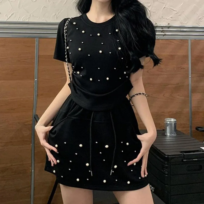 Short skirt two-piece summer new niche unfashionable temperament beaded shoulder short sleeve T-shirt high waist skirt