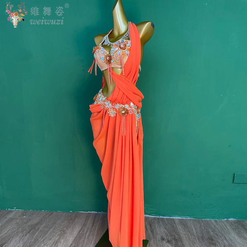 Abiti da competizione di danza del ventre per adulti e bambini Abito lungo personalizzato con pietre AB senior Abito da spettacolo di danza orientale