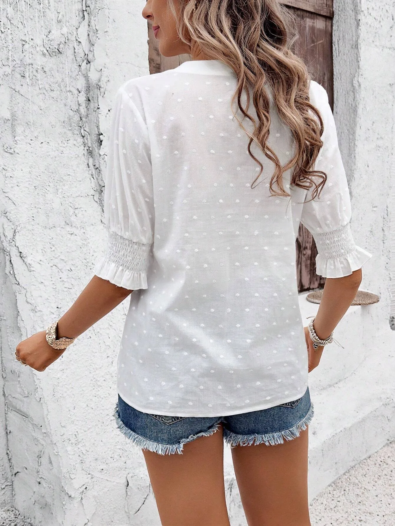Women Eyelet Embroidery Blouse V-Neck Puff Sleeves Smocked Cuffs Ruffle Trim Floral Cutout Detail T-shirt Casual Vacation Outfit