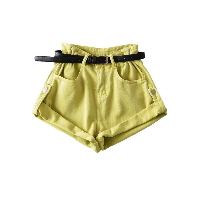 デニム レディース ジーンズ ハイウエスト セクシー ジーンズ カジュアル ボタン ポケット 2025 夏 ショートパンツ フェム デニム ワイドレッグパンツ ベルトなし