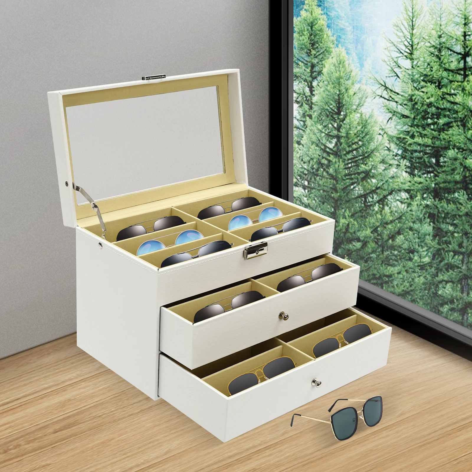 

3-Tier Sunglasses Storage Box,18 Compartment Eyeglasses Organizer Storage Box,Eyewear Display Case Holder with Drawer