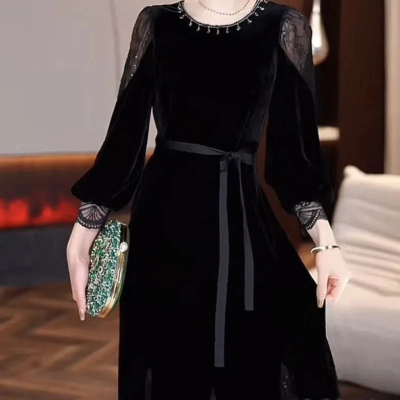 Spring Autumn Round Neck Long Sleeve Vintage Midi Dress Women High Street Casual Sequined Patchwork Dresses Elegant Vestidos