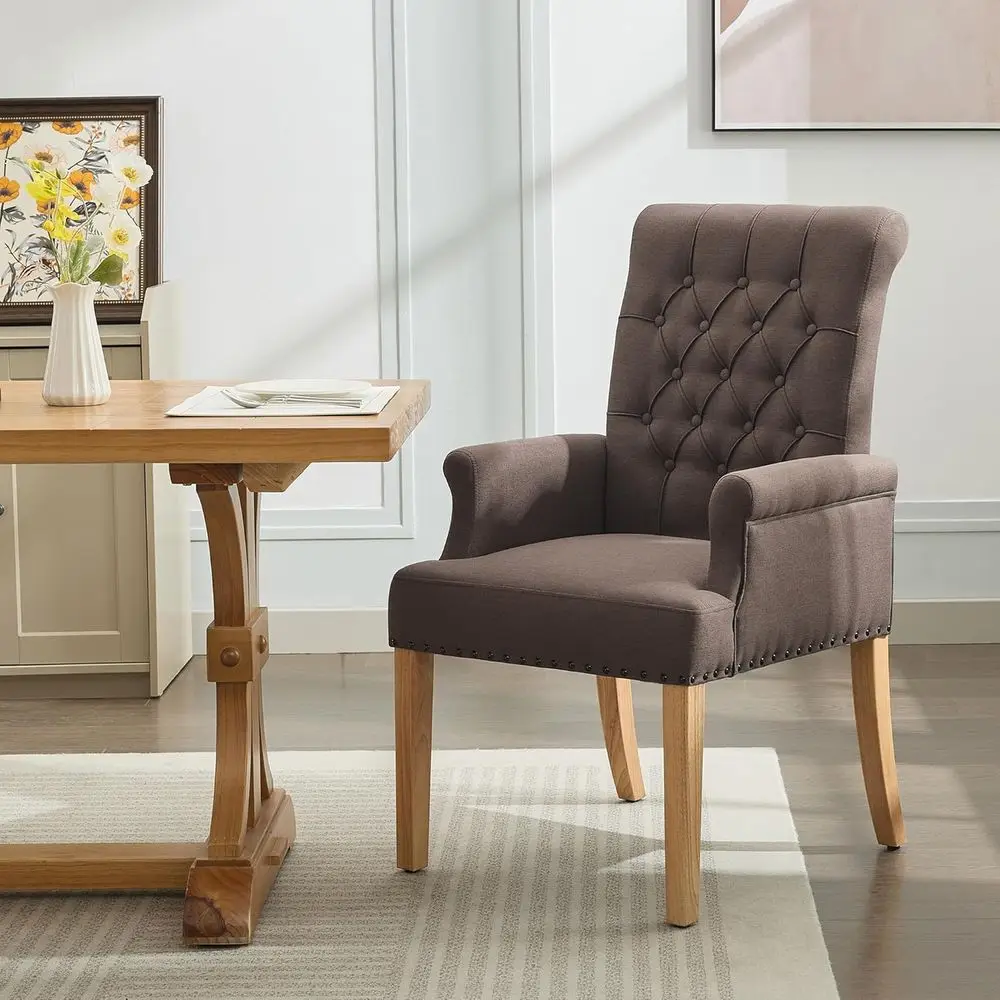 

Upholstered High-Back Dining Chairs with Arms, Accent Armchair, Solid Wood Legs, Nail-Trim, Suitable for Kitchen, Dining, Living