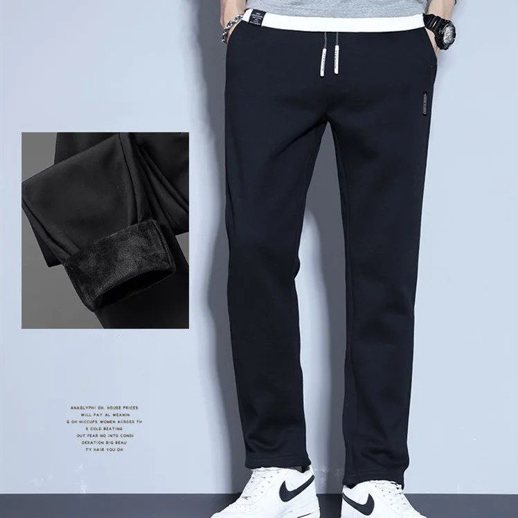 Non-Falling Fleece Casual Pants Autumn Winter Thin Fleece Men's Sweatpants Straight Leg Slim Fit Elastic Mid-Aged And Young S...