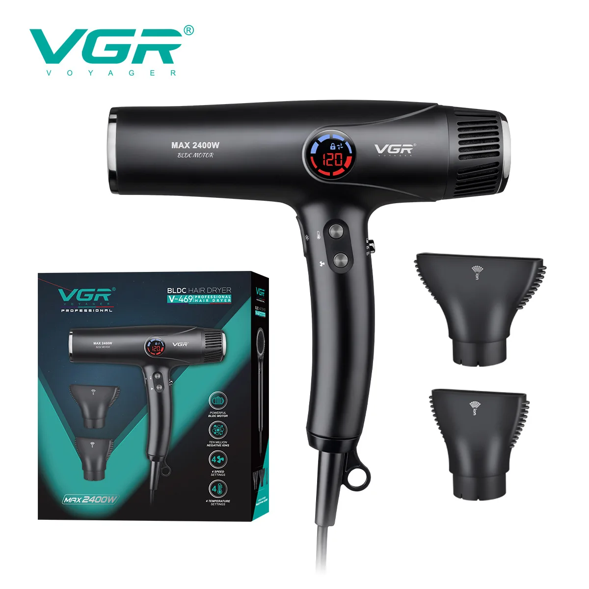 

Hair Dryer Negative Ion 2 Styling Nozzles Hot Cold Overheat Protection Women's Professional Hairdressing Tools VGR V-469