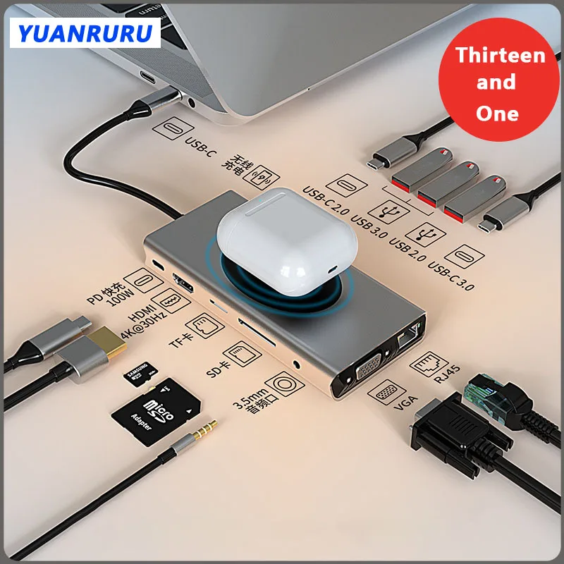 

13 in1 USB 3.0 Wireless Charging Type C Multiple Interfaces HUB Adapter PD Transmission Charge Micro Card Reader for PC Laptop