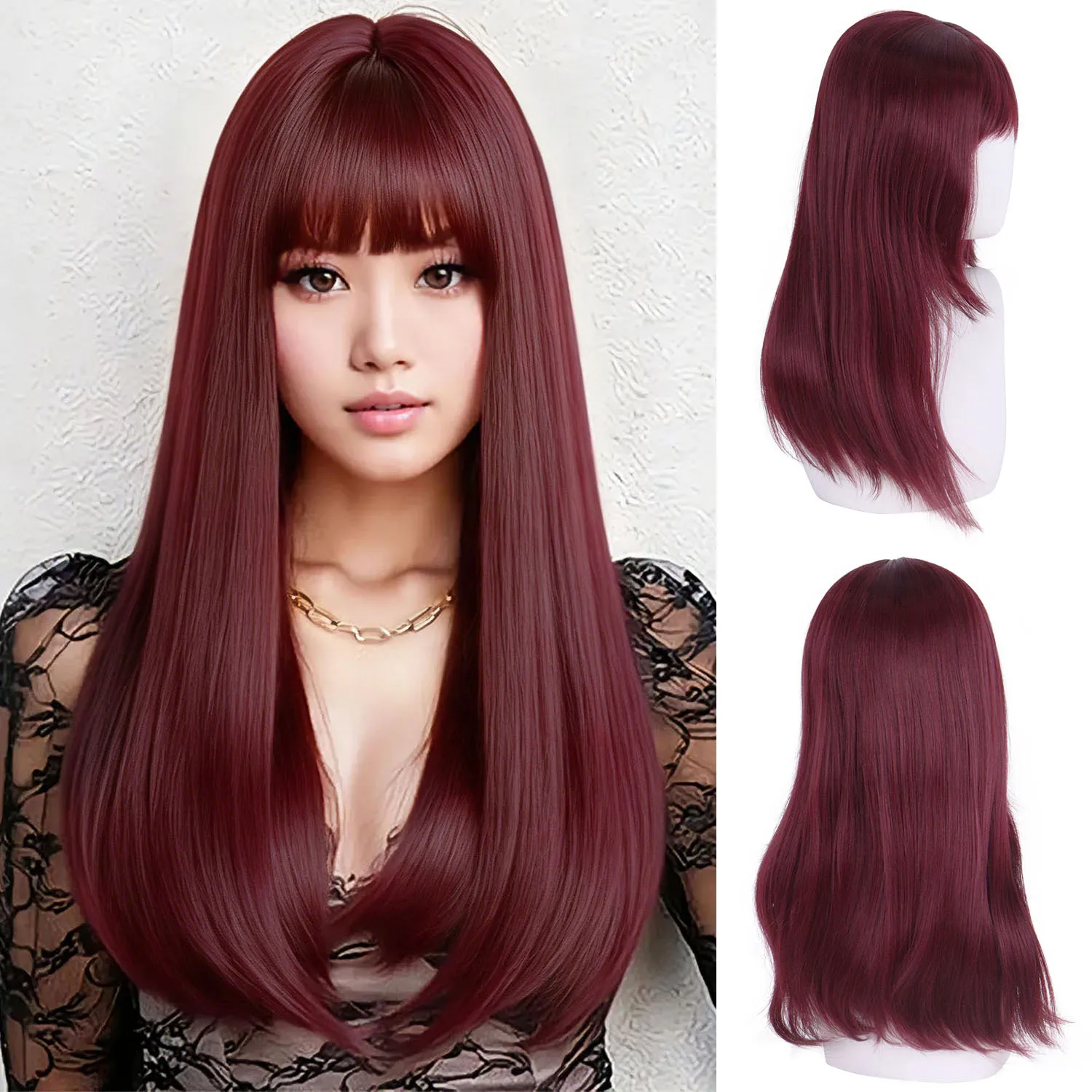 

Винно-красный парик с челкой Синтетические волосы 22-дюймовые длинные прямые парики для женщин Модный бордовый красный парик для косплея Повседневный костюм для вечеринки
