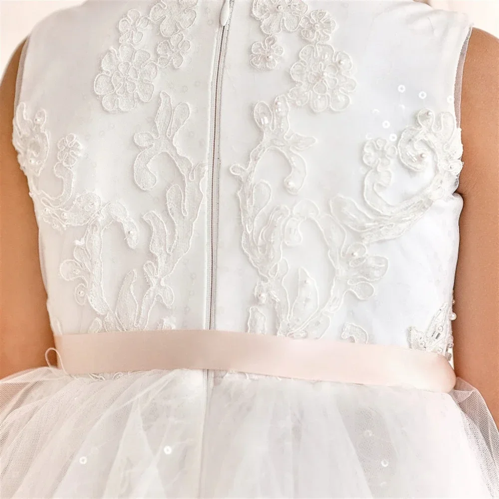 Robes de demoiselle d'honneur avec appliques en tulle blanc brillant, ceinture rose avec fermeture éclair pour mariage, fête d'anniversaire, robe de première communion