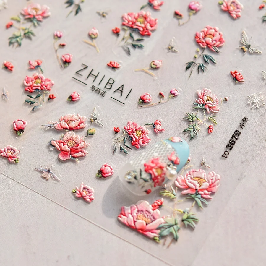 Retro Relief Embossed 3D Herbaceous Peony Noble Chinese Flower King Magnolia Soft Self Adhesive Nail Art Sticker Manicure Decals