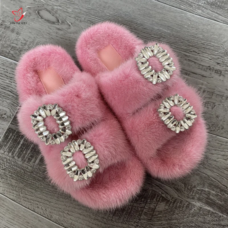 2024 Women\'s Fur Slippers Female100% Real Mink Fur Slippers European Station Ladies Flat Heel Women Shoes Fashion Luxury Slipper