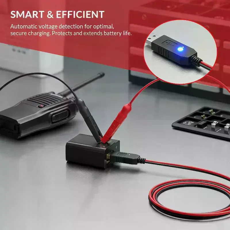 Universal Auto Detect USB Alligator Clip Charger Cable with No Measurement Needed for All Two Way Radios