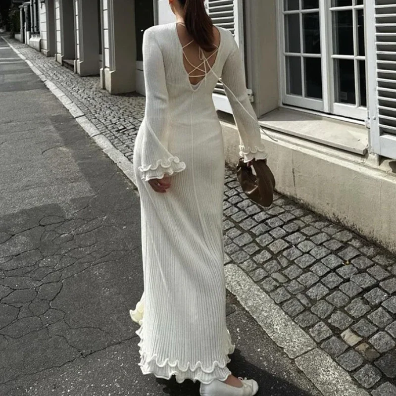 Women White Ruffle Hem Knit Long Dress Elegant O-neck Flare Sleeve Backless Bandage Dresses Evening Party Dresses