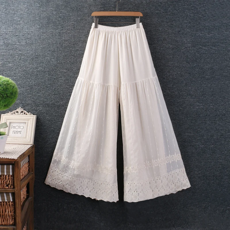 

Spring New Sweet Mori Girl Embroidery Loose Cotton Wide Leg Pants Women Japan Style Solid Color Elastic Waist Casual Pants