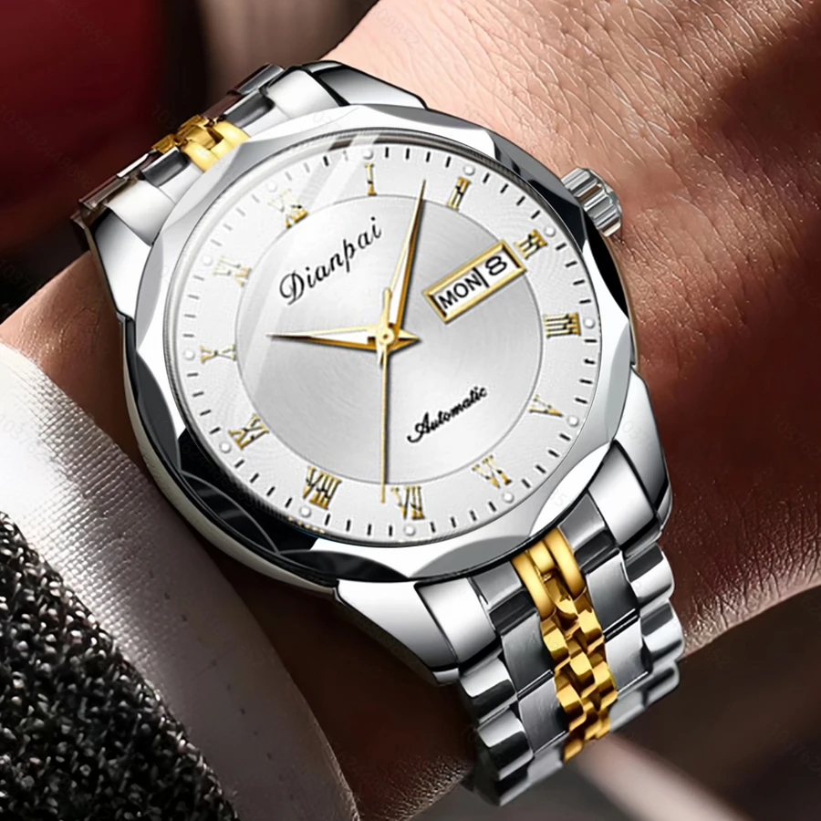 

Men's automatic mechanical watch with luminous dial, date display, stainless steel strap and gold accents - a luxurious business