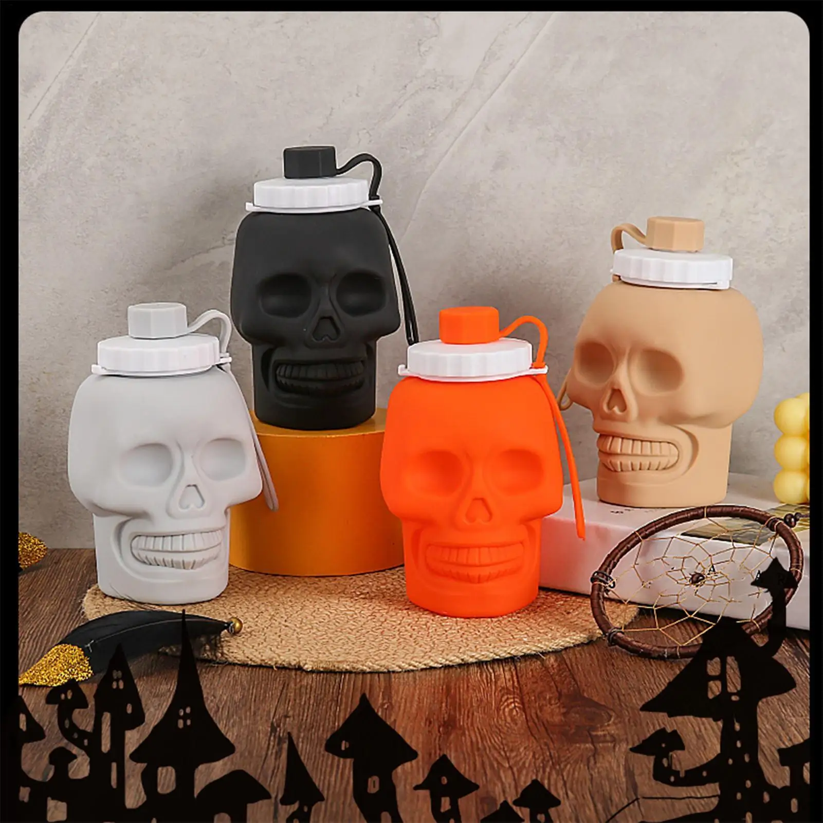Travel Water Bottle Skull Silicone Foldable Water Bottles 650ml Leakproof Cups For Fitness Backpacking Hiking Running Cycling