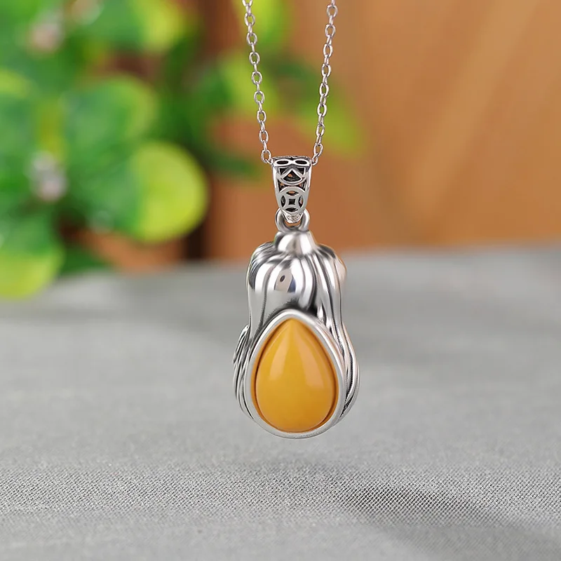 Retro yellow beeswax cabbage pendant silver 925 new in charms Chinese style simple collar chains necklace jewelry gifts