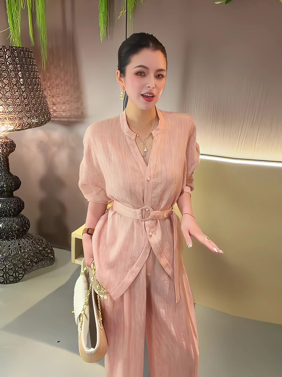 

Spring 2026 Women's Slim Fit Cotton Linen Suit Top High Waist Wide Leg Pants Set Pink Korean Style Anti Aging Fashion Set