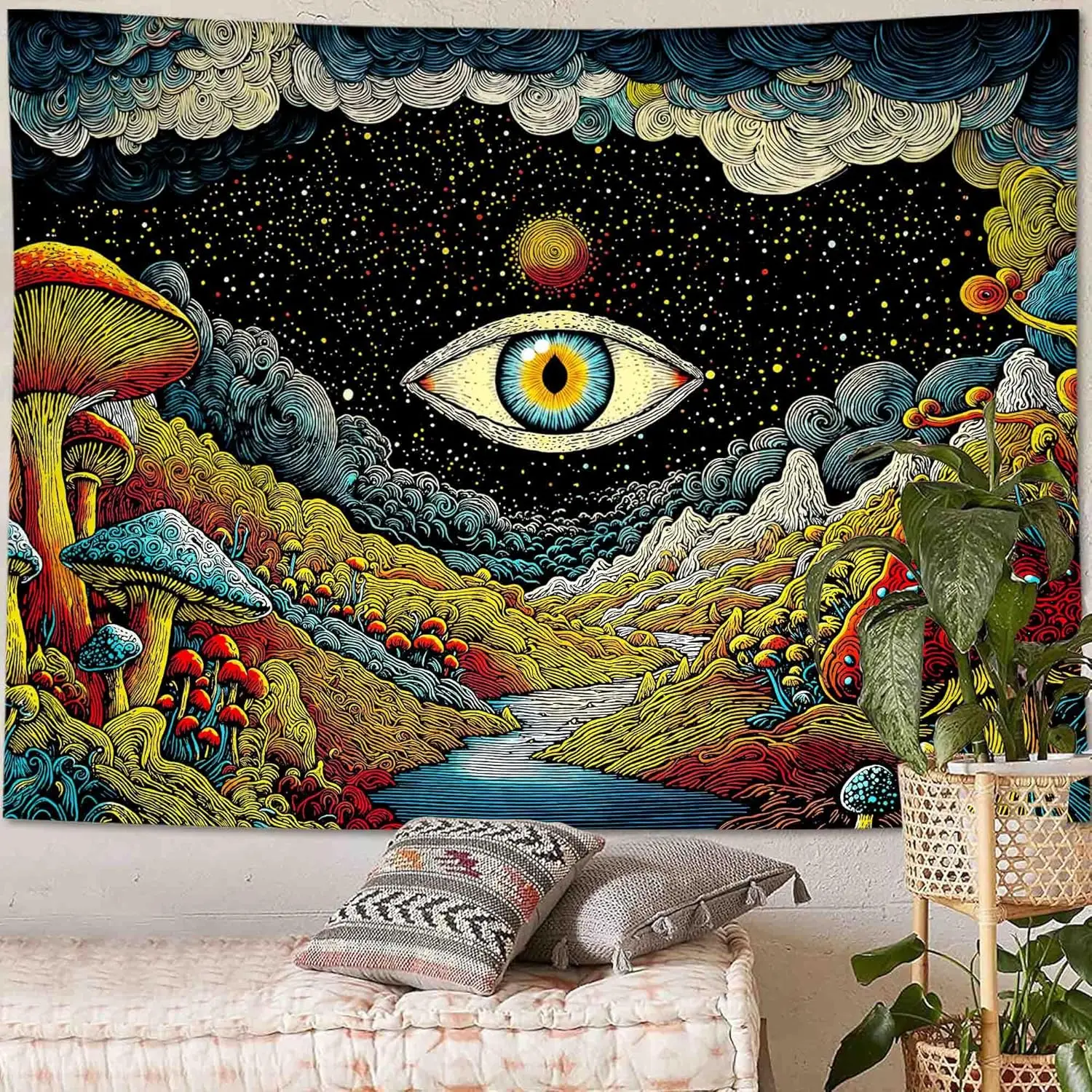 eye Tapestry Mystical Mushroom Tapestries Cosmic Valley Gaze Wall Hanging Bohemian Fantasy Bedroom Dormitory Decoration