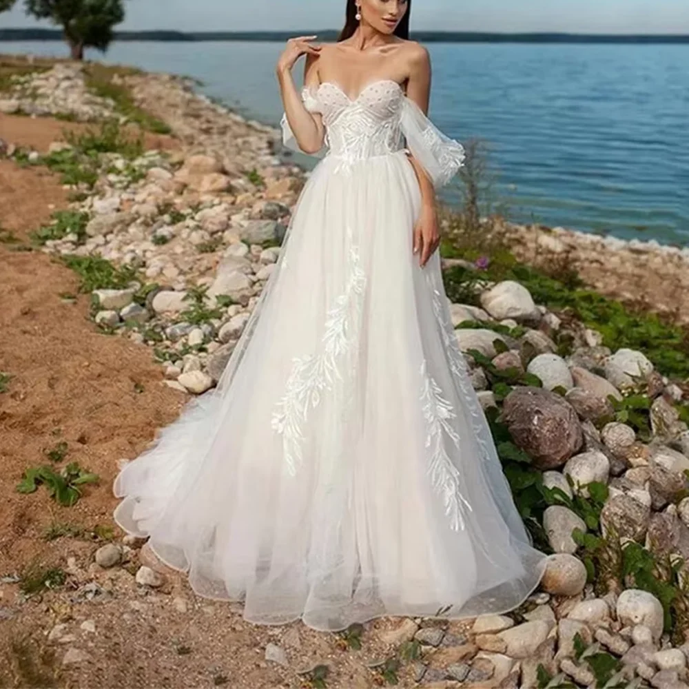 

Elegant Wedding Lace Dresses For Women Fashion Off The Shoulder Sleeveless Floor-Length Skirt Wedding Bride Tailored Gown