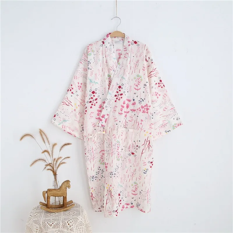 Bathrobe Women's Shower Cotton Gauze Nightgown Kimono Yukata Cotton Pajamas Cardigan Print Long Sleepwear Loungewear Nightdress