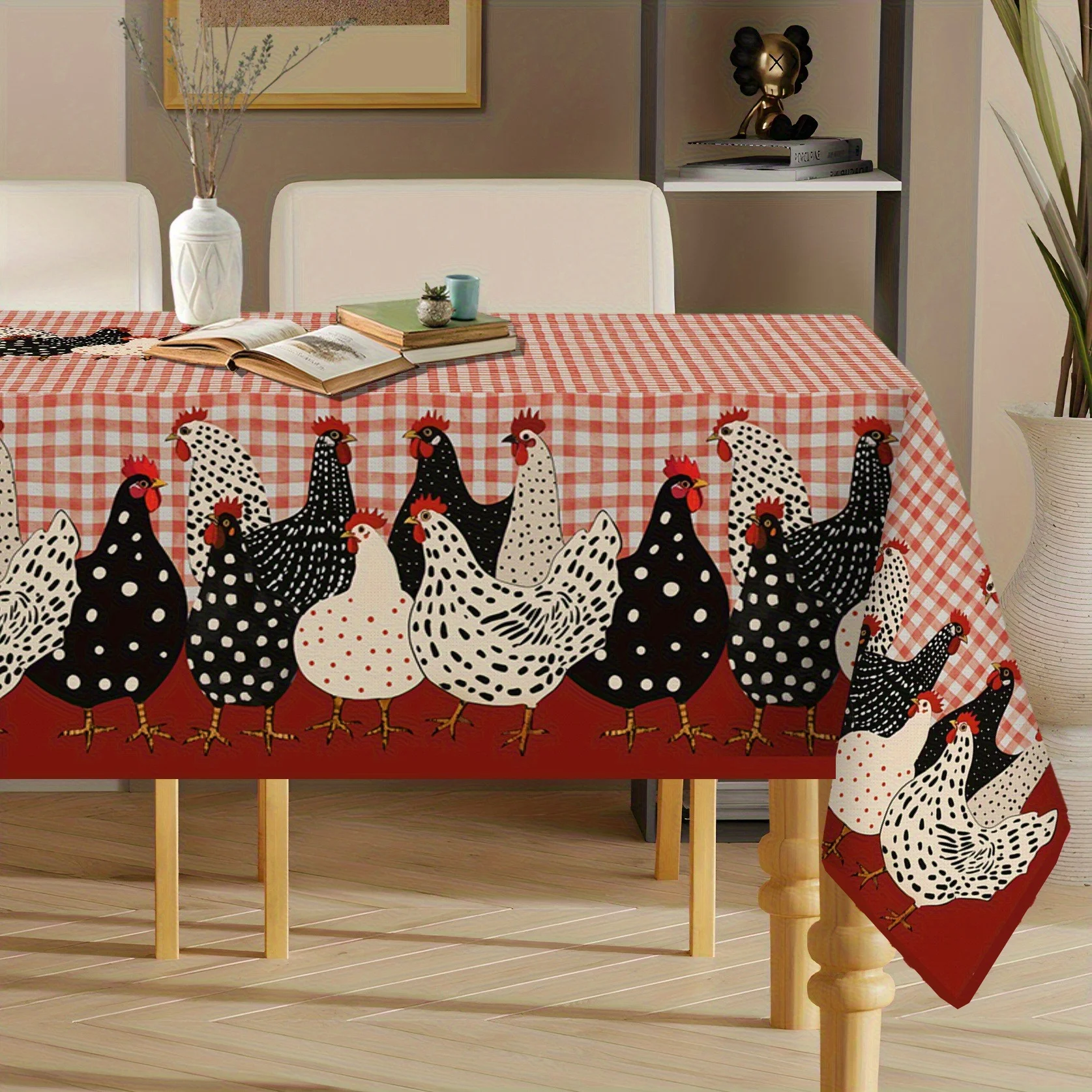 VIKAMA Farmhouse Chic Rooster & Plaid Tablecloth Durable And Easy To Clean, Perfect For Kitchen, Dining Room, And Patio Decor.