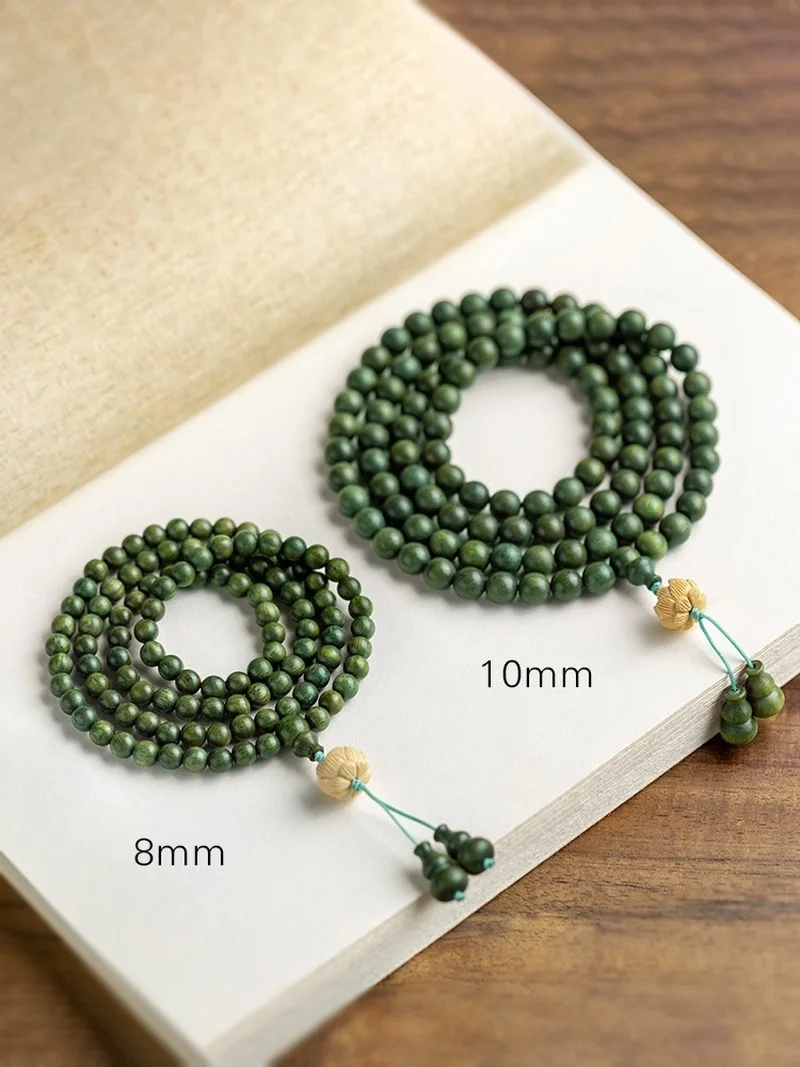 Natural Green Sandalwood Beads Necklace Men Women Buddhist 108 Beads Meditation Prayer Malas Rosary Fragrant Bracelet 6/8/10mm