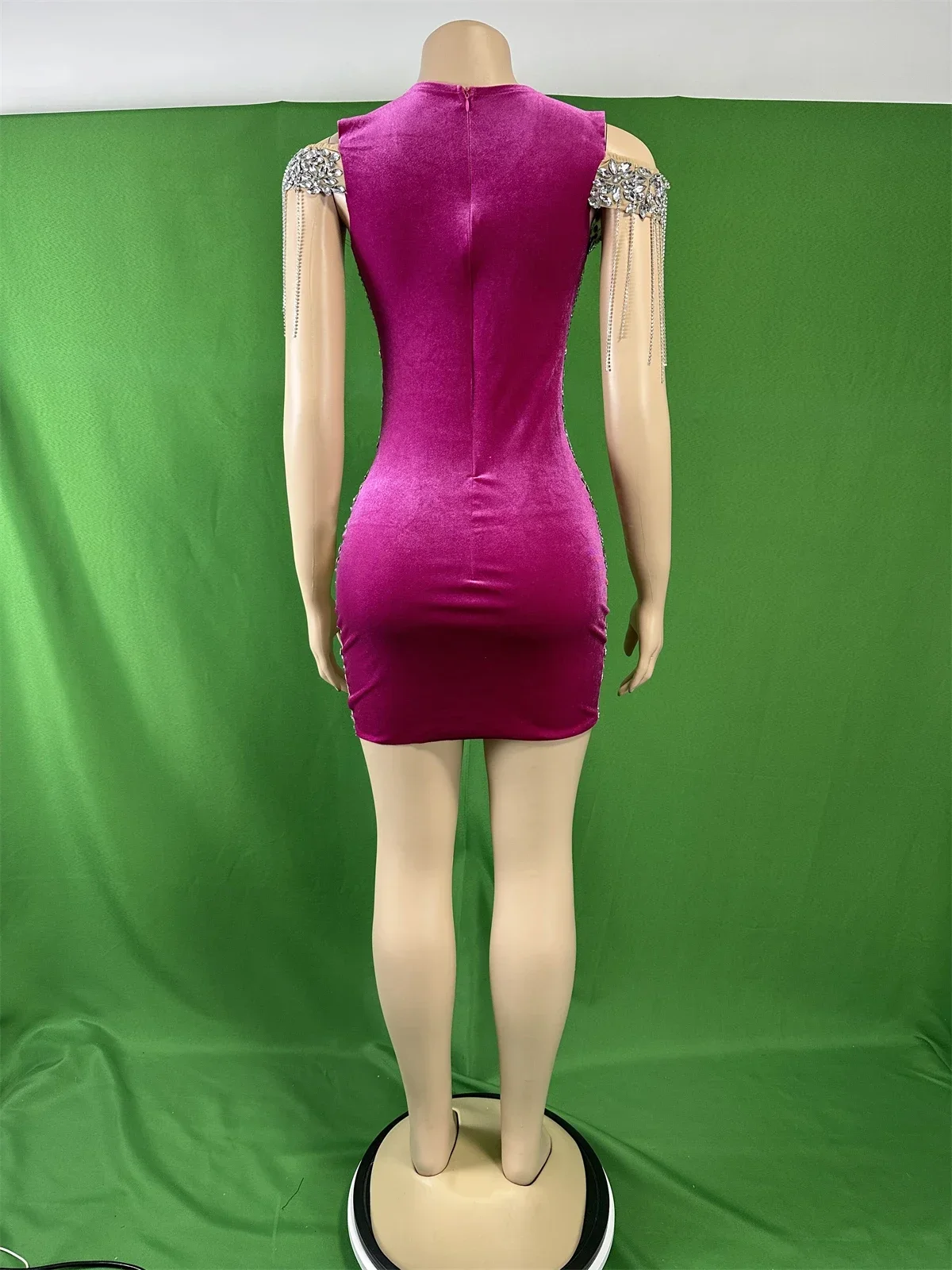 Błyszcząca pełna Rhinestone różowa czerwona damska błyszcząca aksamitna sukienka łańcuszek do wiercenia urodziny królowej występ na scenie kostium królowej