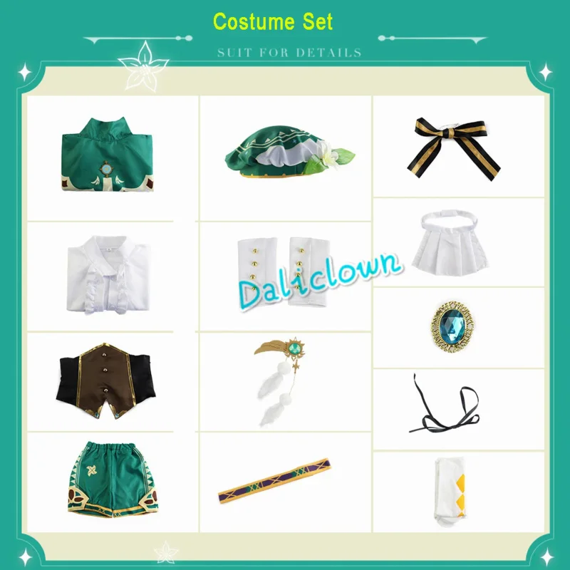 Genshin Impact Cosplay Fato para Meninas, Peruca e Sapatos, Mondstadt Wind God Wendi Uniforme do Jogo, Roupa Archon, Acessórios, 20 Vestido