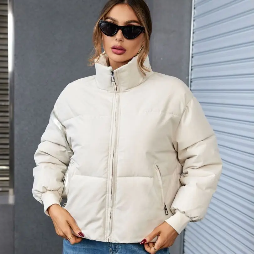 

Solid Women Parka Zipper Cardigan Parkas Outerwear Windbreaker Jacket Down Coats Stand Collar Pockets Spliced Casual Winter