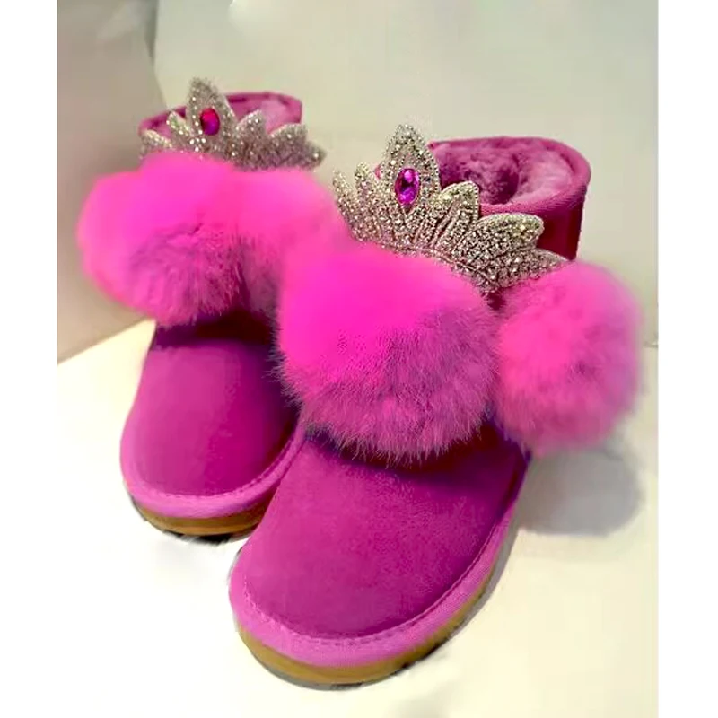 New Big Rabbit Fur Ball with Rhinestone Crown Flats Snow Boots Round Toe Purple Fuchsia Cow Suede Pompon Winter Warm Boots