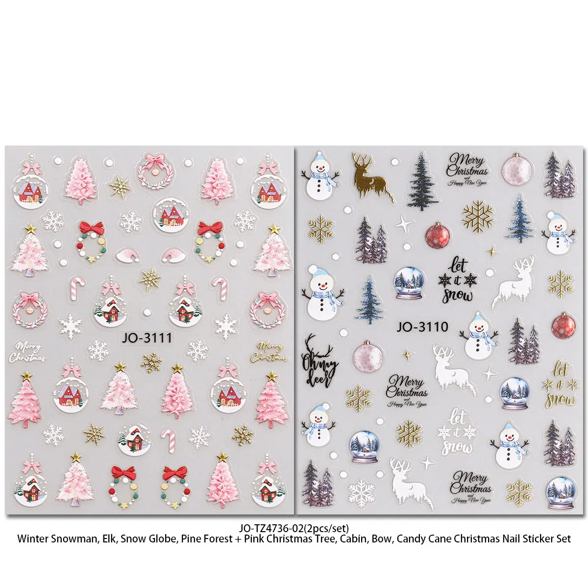 2Shts Winter Snowman Elk Nail Stickers, Snow Globe Pine Tree Decals, Christmas Party Gift Nail Art Supplies