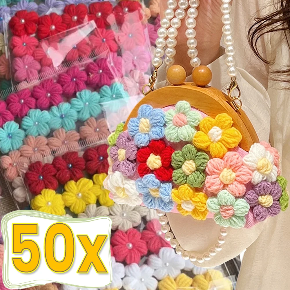5/50pcs Handmade Knitted Wool Flower DIY Accessories Girls Cute Puff Color Flower Bag Clothes Hairpin Jewelry Decor Craft