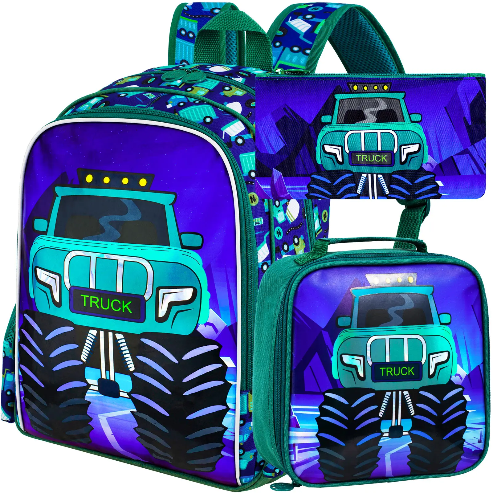 

Набор из 3 школьных рюкзаков для мальчиков с дизайном грузовика, водонепроницаемый детский рюкзак с ланч-боксом, 16-дюймовые рюкзаки для дошкольников и начальной школы - Зеленый (дизайн грузовика)