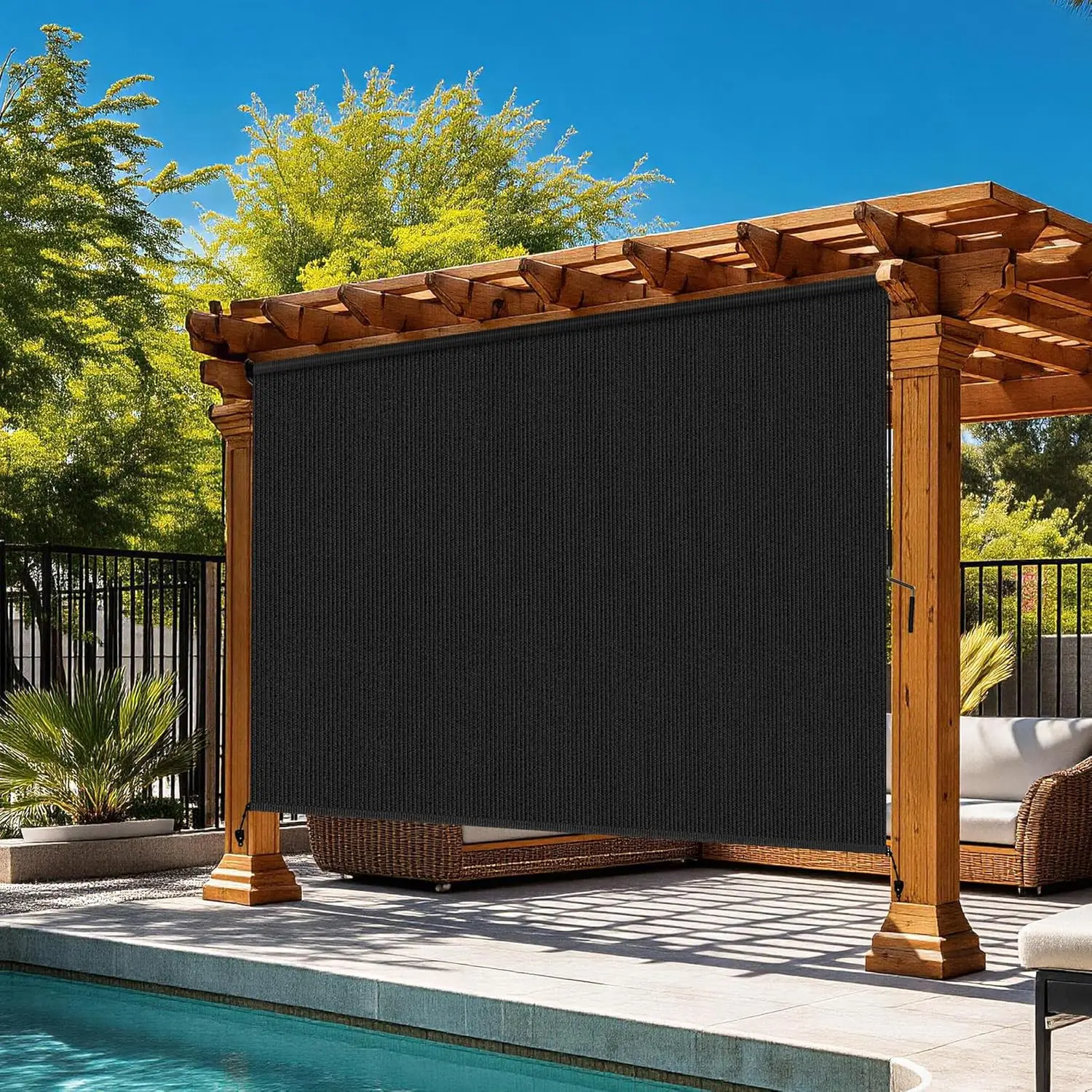 

Outdoor Roller Shades for Patio, Black, 90% UV Block & Privacy Protection, Cordless Roll Up with Splicing Design
