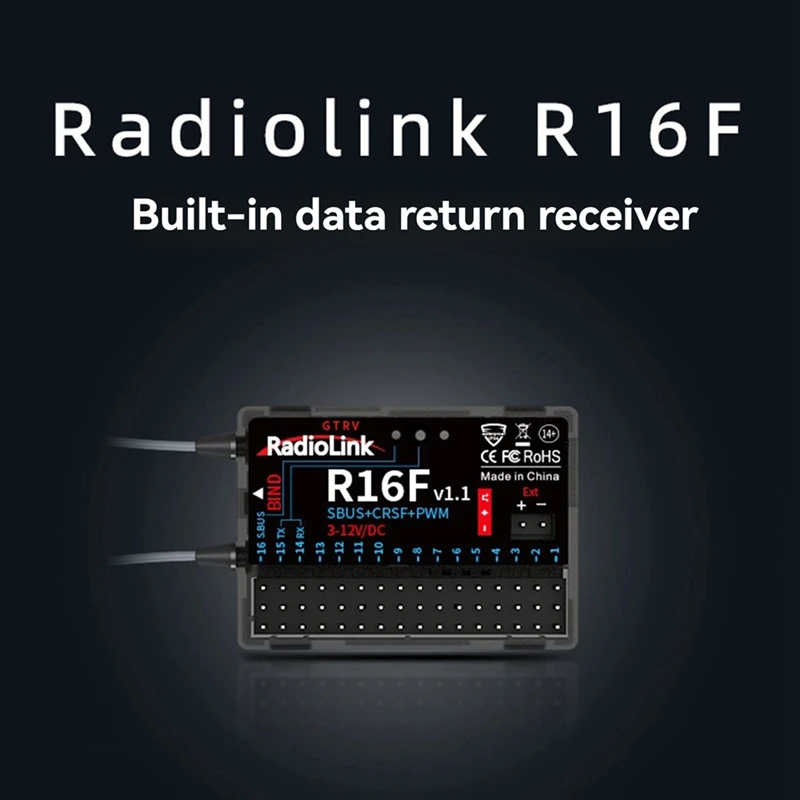 Radiolink R16F RC Receiver 16 Channel 2.4Ghz With Gyro, Voltage Telemetry, 600M Range For RC Car, Boat, Airplane