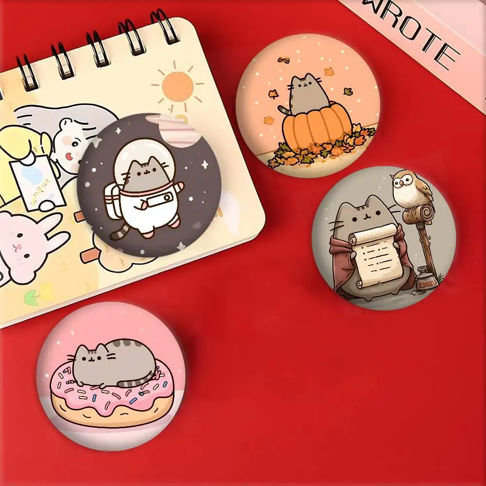 Insignias de dibujos animados de Anime P-Pusheen, insignia láser redonda, broche de dibujos animados, ropa, mochila, accesorios, solapa