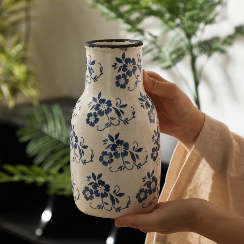 Antique Blue White Ceramic Vase - Crackle Glaze Finish for Dried/Fresh Flowers, Handcrafted Rustic Table Vase, Water Safe Home D