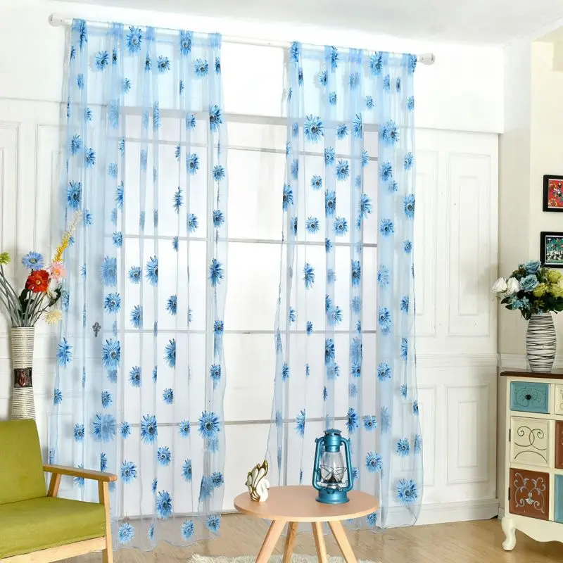 1 Panel 95*200cm Sheer Curtains Sunflower Decor Tulle Curtains for Living Room, Bedthroom, Balcony, Rod Pocket