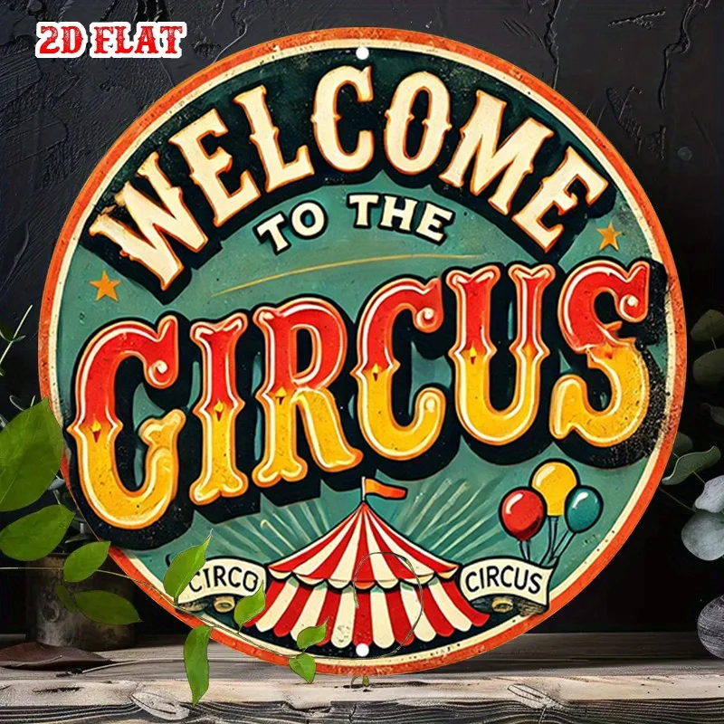 2D Flat 1pc Vintage Circus-Themed Round Aluminum Metal Sign - 7.87'' Round (20cm) Balloons & Circus Tent Wall Art Rustic Retro