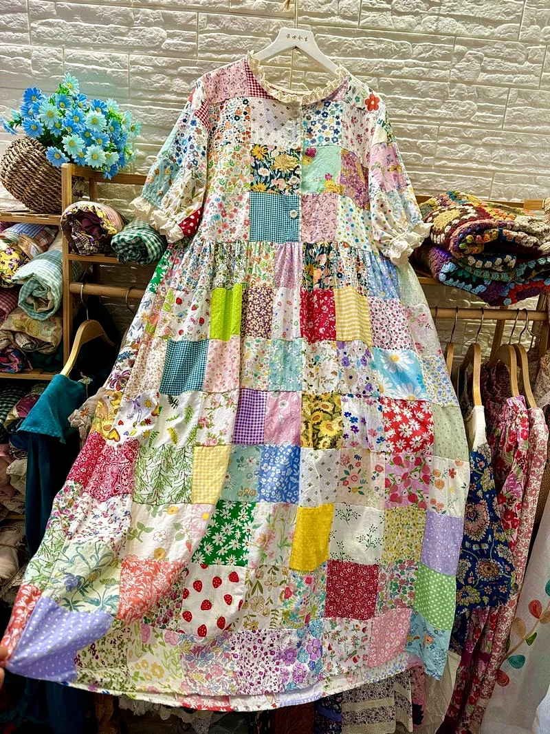 Cotton Linen Floral Patchwork Short Sleeve Midi Dress Summer Mori Girl Holiday Boho Hippie Gypsy Tribal Ibiza Tunic Long Dress