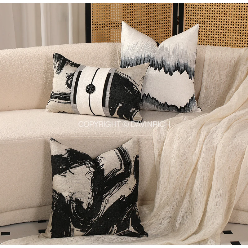 DAVINRICH Modern Abstract New Chinese Style Landscape Ink Accent Pillowcase Black Brush Strokes Decorative Cushion Cover 30x50cm