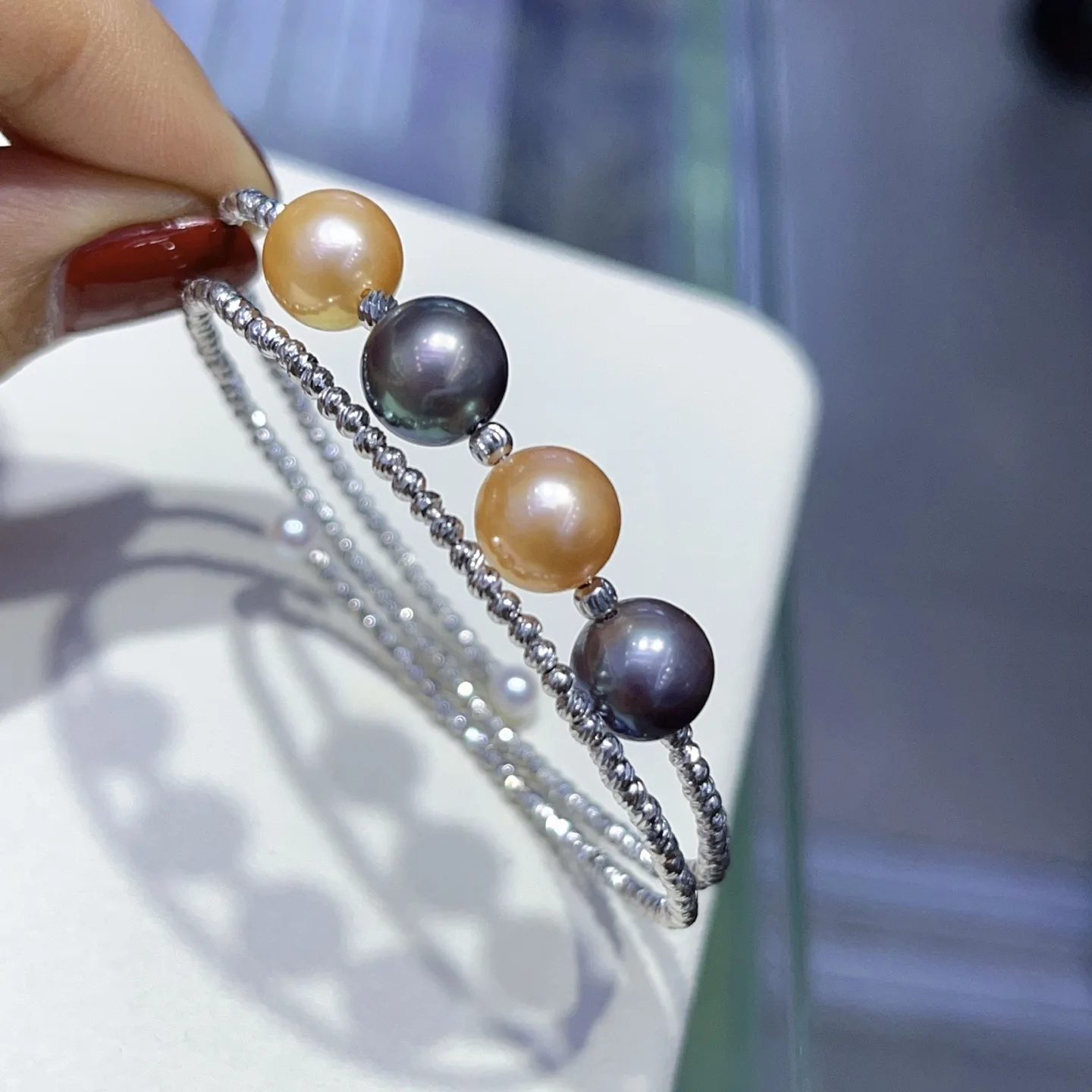 Carefully selected candy colored pearl AAAAA8-9mm natural pearl double-layer elastic bracelet S925 pure silver